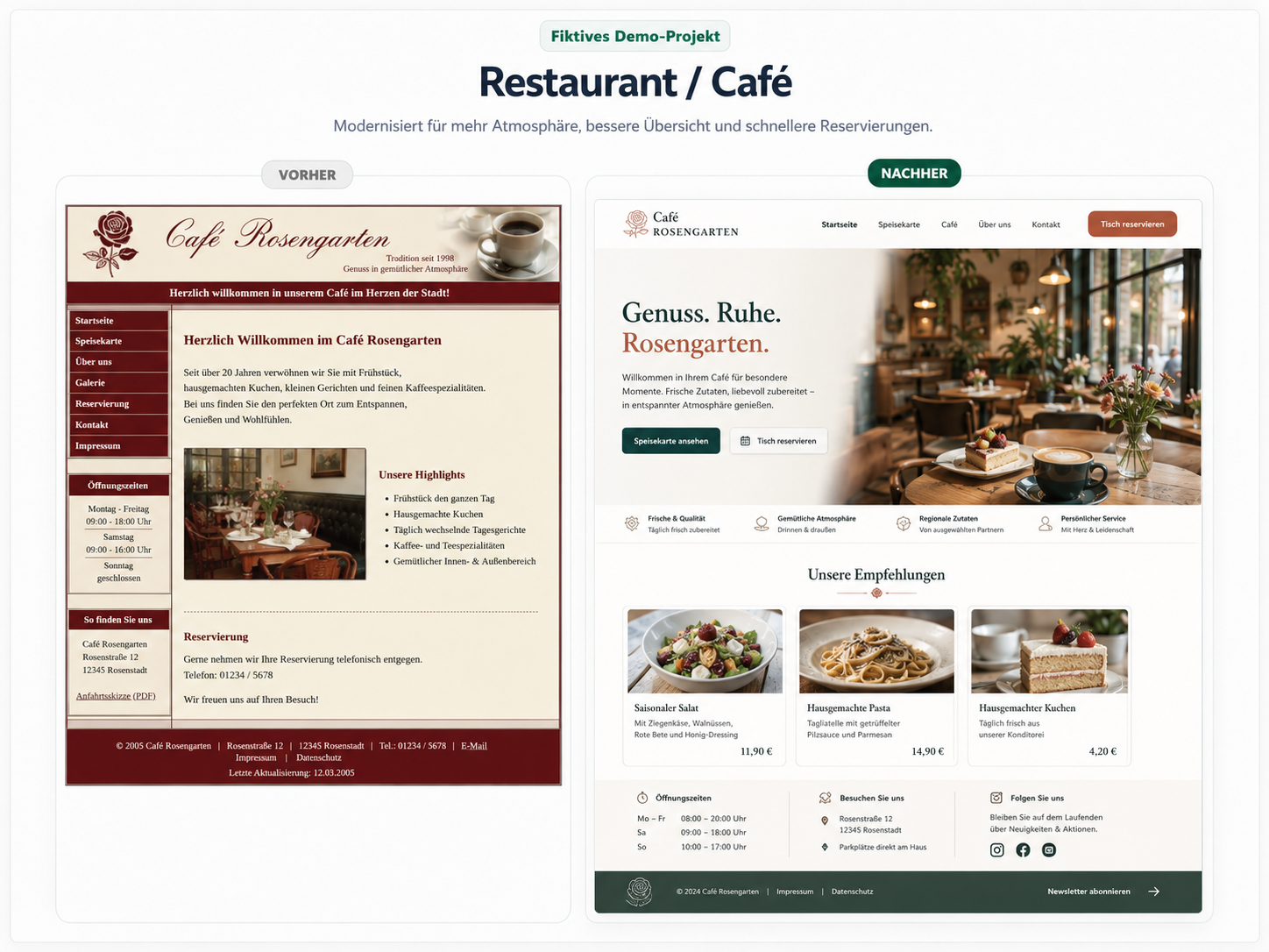 Fiktives Vorher-Nachher Demo-Projekt für Restaurant oder Café